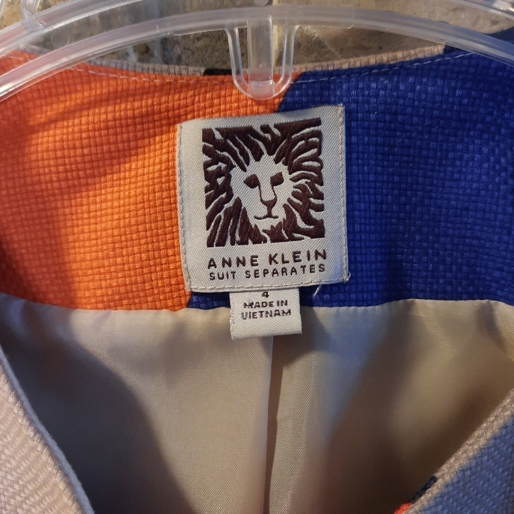 Anne Klein Blazer Open Front Geometric Blue Orange 100% Cotton Size 4 - Picture 4 of 12